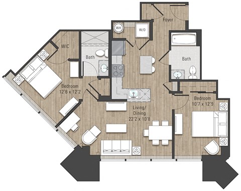 Floor plan for 2 beds, 2 baths, 930 sqft
